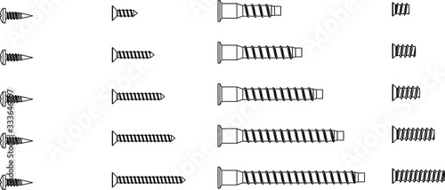 Vector. Many types of screws isolated on white background. Screws of different lengths. Collection of wood screws, euro screws, confirmat screws. Close up. Furniture hardware and fittings.