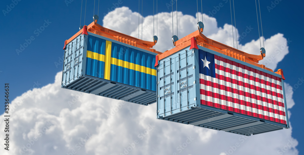 Shipping containers with Sweden and Liberia flag. 3D Rendering 