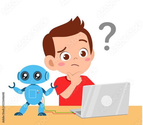 happy cute little kid boy use laptop get confuse