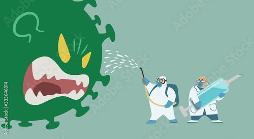 Big Virus monster fighting with Medical team in protective suit and Doctor