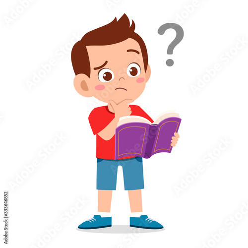 cute little kid boy read book and confused with question mark