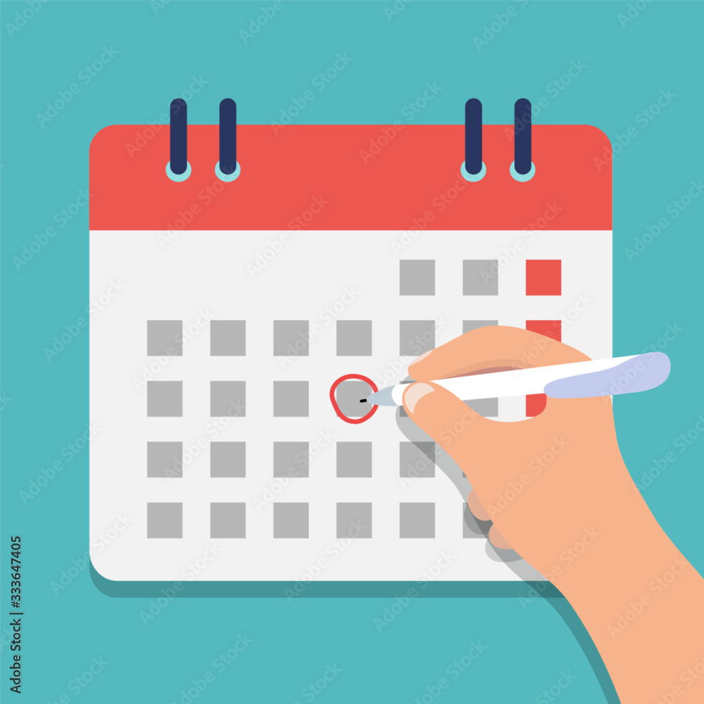 Calendar with hand that marks date. Calendar in trendy flat style with