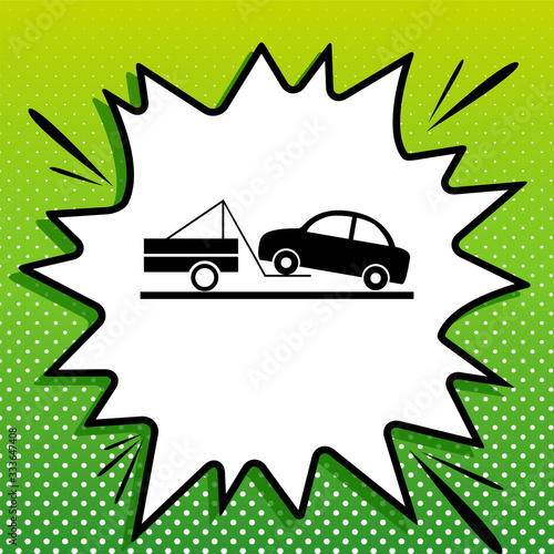 Tow truck sign. Black Icon on white popart Splash at green background with white spots. Illustration.