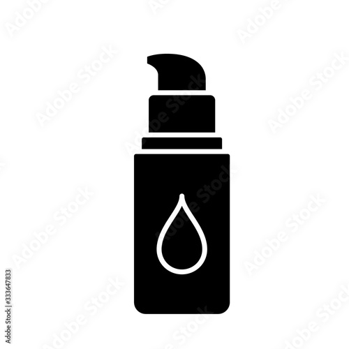 Silhouette Bottle of concealer or moisturizer. Outline icon of vial with dispenser, cream drop. Black illustration of makeup product for woman, skin hydration. Flat isolated vector on white background