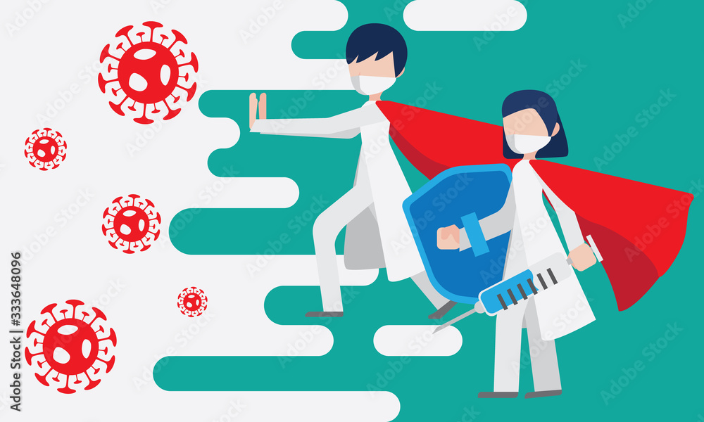 The two doctor wash mask fight with red cell of Coronavirus in white and green background. Vector flat cartoon design. The two doctor wash mask fight with red cell of Coronavirus in white and green background. Vector flat cartoon design.