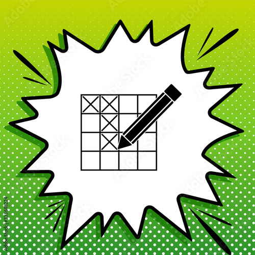 Crossword with pencil sign. Black Icon on white popart Splash at green background with white spots. Illustration.
