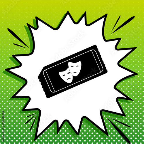 Tickets to theater sign. Black Icon on white popart Splash at green background with white spots. Illustration.