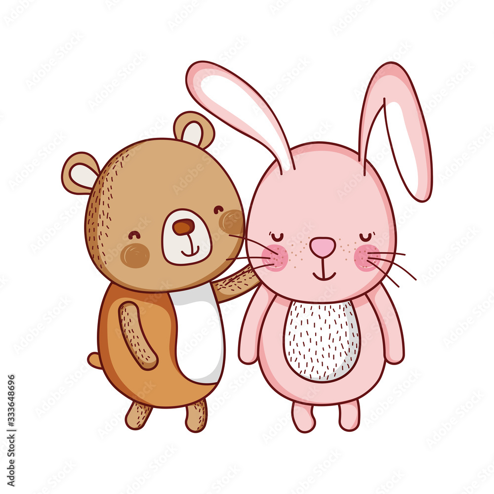 cute rabbit and bear animal cartoon isolated icon design