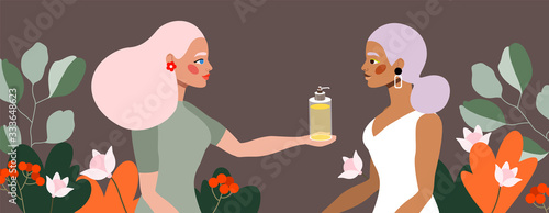 Women and cosmetics. Health and skin care product. Two beautiful female characters. Modern hand-drawn poster design for web and print. Natural feminine products. Antibacterial liquid. 