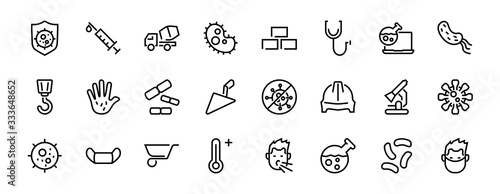 CORONAVIRUS a set of icons on the theme of Coronavirus, contains such icons as nucleation, hand washing, mask, bacteria, sneezing, Editable stroke, on a white background