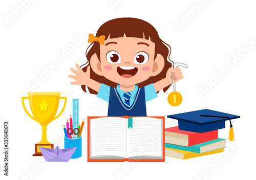 happy cute little kid girl with school equipment