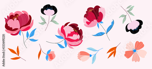 Variety of multicolour trendy flowers. Vector illustration for web, app and print. Elegant feminine rounded shape floristic isolated peony flowers. Garden, botanical, minimalistic floral set.
