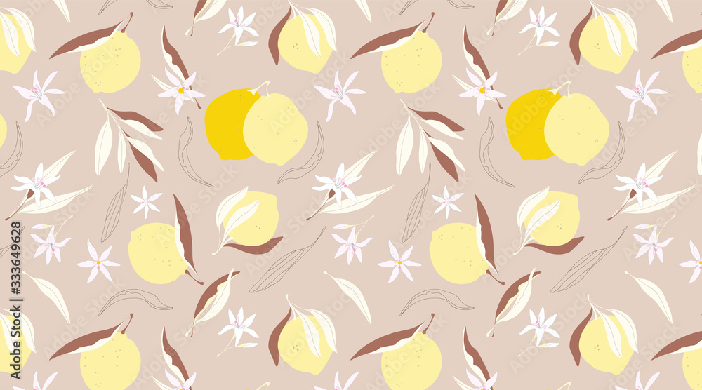 Yellow lemon pattern. Branches, flowers and lemons on beige. Trendy hand drawn illustrations. Healthy natural food, juicy summer fruit elements for web, app, textile, wallpaper, stationery design. 