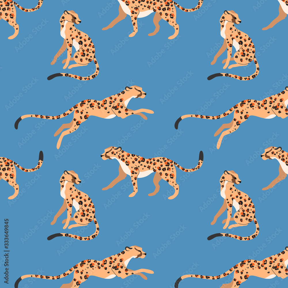 Obraz premium Leopard pattern seamless. Wild animals on a blue background. Modern fashionable pattern. Leopard pattern design for web, card, textile, wallpapers and wrapping paper.