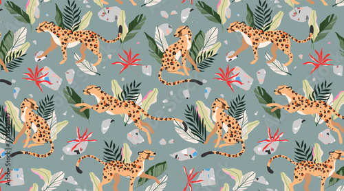 Leopard pattern seamless. Wild animals on a green background. Modern fashionable pattern. Leopard pattern design for web, card, textile, wallpapers and wrapping paper.