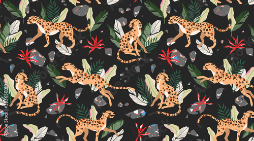 Leopard animals pattern seamless. Wild leopards and tropical leaves on a dark grey background. Modern fashionable pattern. Leopard pattern design for web, card, textile, wallpapers and wrapping paper.