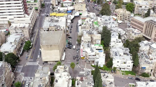 Corona Virus days, Empty street and closed shops at of Haifa Talpiot food market, due to Government lockdown guidelines, Aerial view. photo