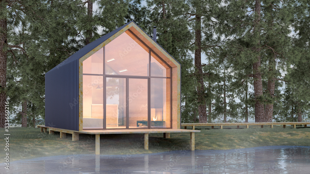 Secluded tiny house on the sandy shore of a lake with fog in a coniferous forest in cold cloudy lighting with warm light from the Windows. Stock 3D illustration