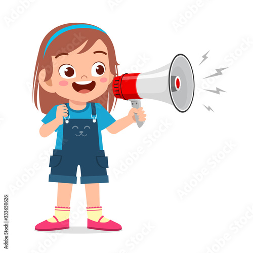 happy cute little kid girl holding megaphone