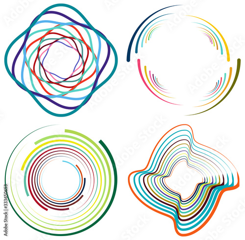 Set of mottled, multi color and colorful spiral, swirl, twirl shapes. Vortex, whorl shape with rotation, spin, coiling distortion effect