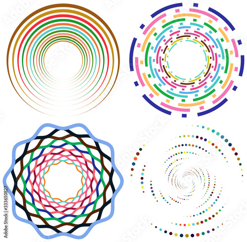 Set of mottled, multi color and colorful spiral, swirl, twirl shapes. Vortex, whorl shape with rotation, spin, coiling distortion effect