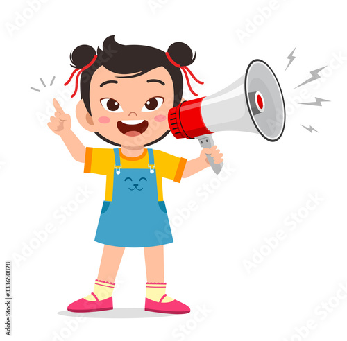 happy cute little kid girl holding megaphone