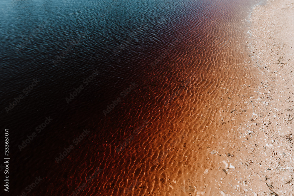 Contaminated brown water in a pond in nature Contaminated brown water in a pond in nature