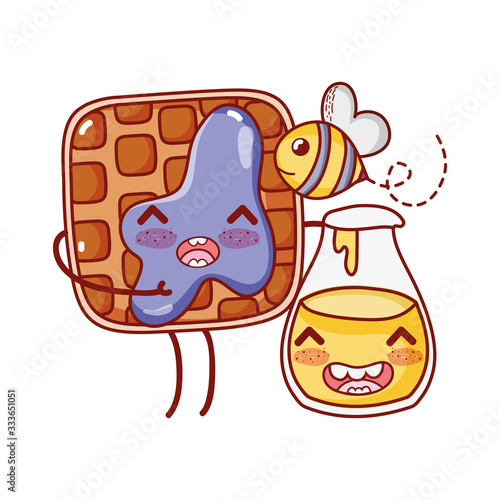 fast food waffle and honey bottle bee cartoon character