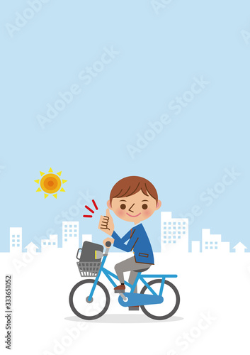 自転車に乗りグッドサインをする男子学生(背景あり)