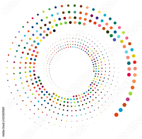 Single mottled, multi-color and colorful spiral, swirl, twirl element. Twisted cyclic, circular and radial, radiating whorl, volute shape