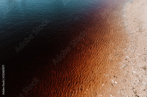 Contaminated brown water in a pond in nature