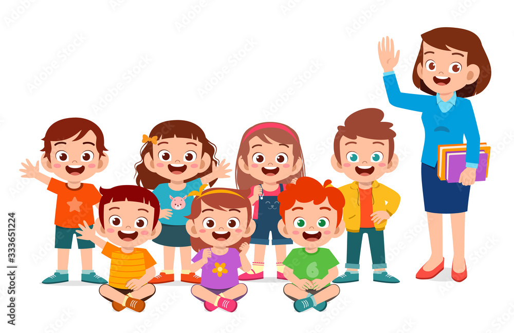 happy cute little kid boy and girl with teacher happy cute little kid boy and girl with teacher