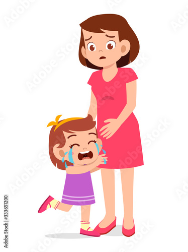 sad little kid girl cry with mom