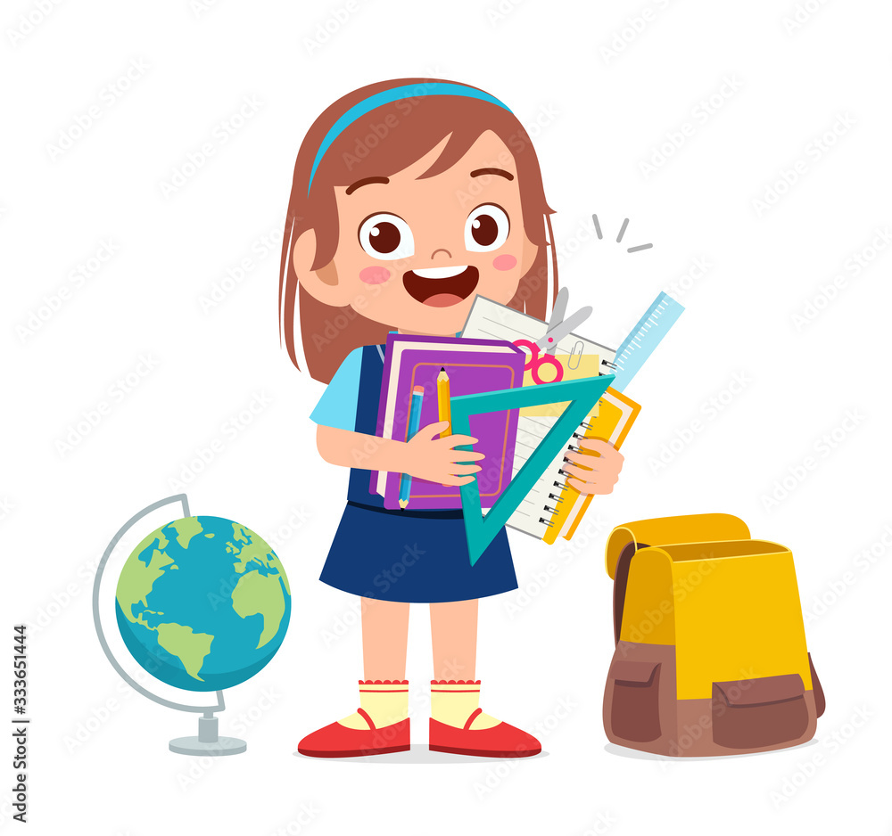 happy cute little kid girl holding school supplies