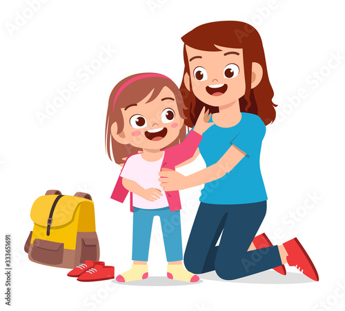happy cute little kid girl prepare go to school with mom