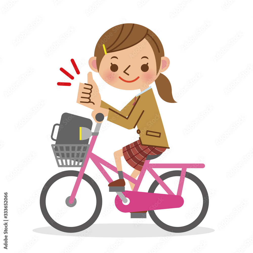 自転車を運転しグッドサインをする女子生徒 自転車を運転しグッドサインをする女子生徒