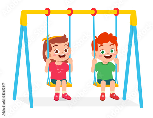 happy cute little kid boy and girl play swing