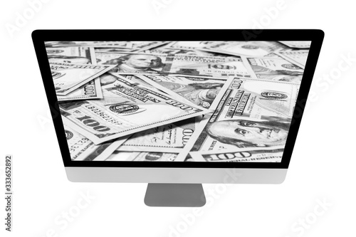 Make money online. Business concept with making profit using internet. Laptop computer with money. Making money online concept. Using a laptop to building online business photo