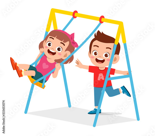happy cute little kid boy and girl play swing