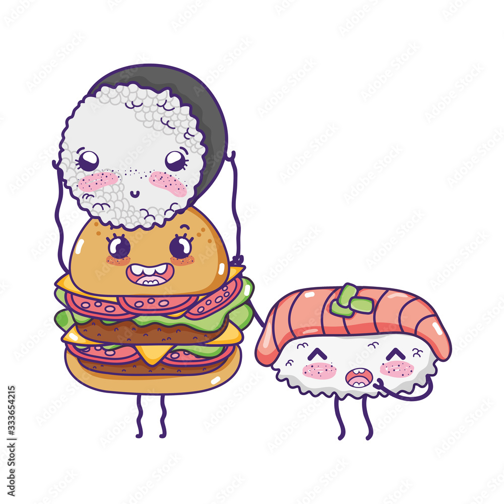 fast food cute burger with sushi with fish cartoon kawaii fast food cute burger with sushi with fish cartoon kawaii