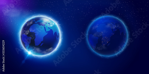Day and night on planet Earth viewed from space. Used in science, advertising, teaching media. Realistic file.