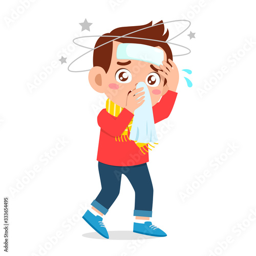 sad kid boy get flue and cold