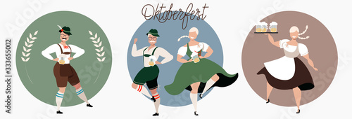 Oktoberfest beer festival. People drinking beer, dancing, celebrating. German Traditional holiday. Set of people characters. Octoberfest concept. National German men and women costumes. Modern vector.