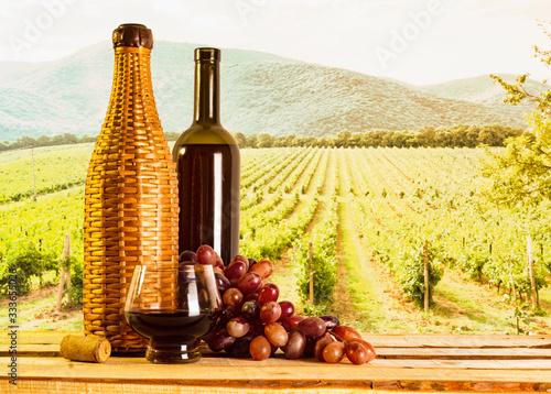 Fototapeta Naklejka Na Ścianę i Meble -  Wine and bunch of grapes on the background of the vineyard