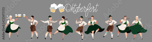 Oktoberfest beer festival. People drinking beer, dancing, celebrating. German Traditional holiday. Set of people characters. Octoberfest concept. National German men and women costumes. Modern vector.