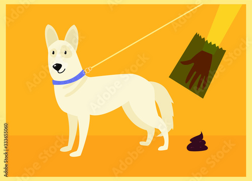 Clean after your dog. Hand in a plastic bag about to pick a dog's poop. Clean sidewalk awareness message, to promote civility in a town.
