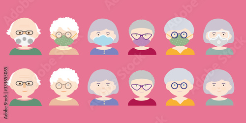 Set of cartoon heads or avatars of people - seniors  men and women. They wear a protective mask and a respirator with glasses - vector