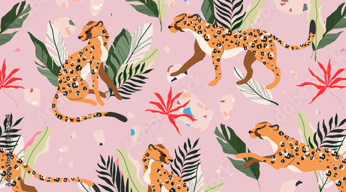 Leopard pattern seamless. Wild animals on a pink background. Modern fashionable pattern. Tropical botanical elements. Modern design for web, card, textile, wallpapers and wrapping paper.