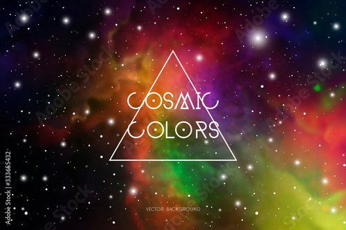 Hipster space background with colorful cosmic light, stars and text placeholder.