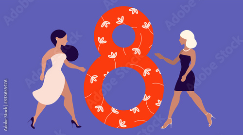 Big orange 8 number and two infographic women on a purple background. March, International Women's day. Ladies dressed in dresses, wearing high heels, dark and short hair. Trendy vector illustration.